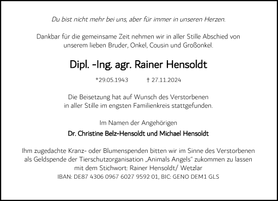 Traueranzeige von Rainer Hensoldt von Wetzlarer Neue Zeitung