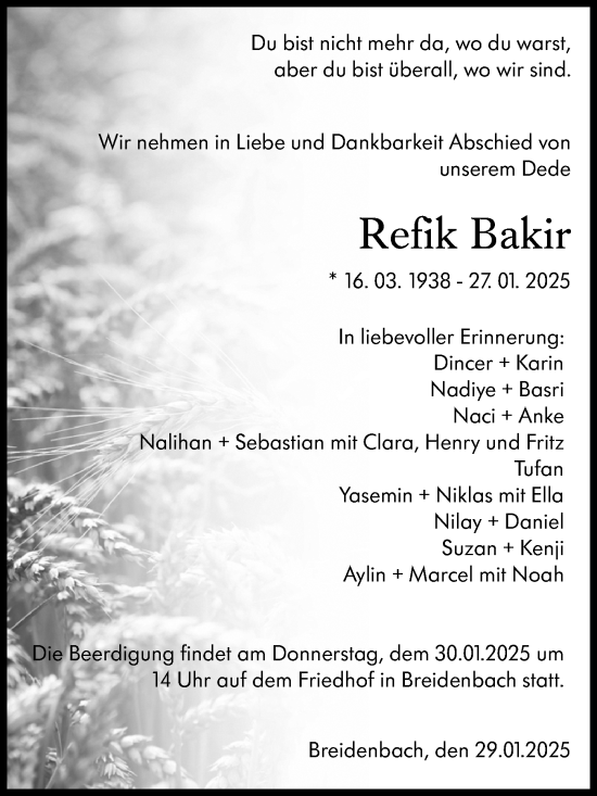 Traueranzeige von Refik Bakir von Hinterländer Anzeiger