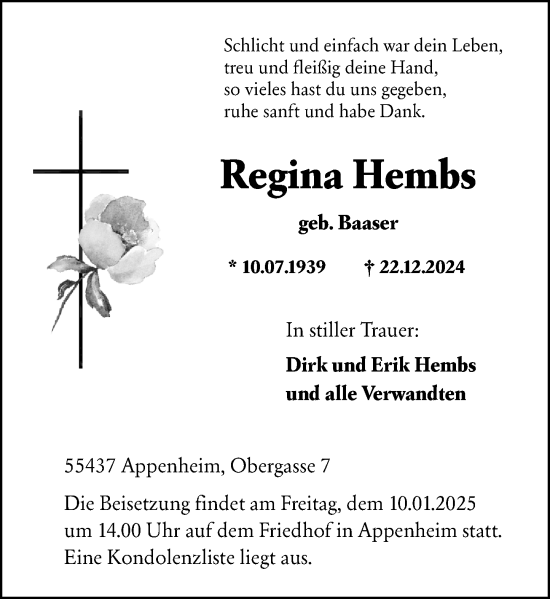 Traueranzeige von Regina Hembs von Allgemeine Zeitung Rheinhessen-Nahe
