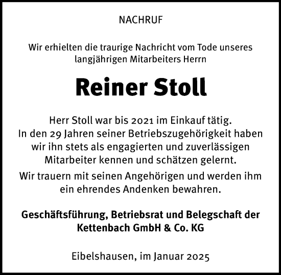 Traueranzeige von Reiner Stoll von Dill Block