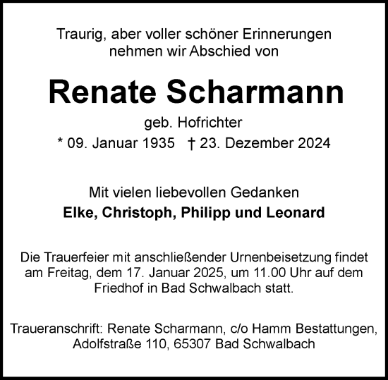 Traueranzeige von Renate Scharmann von Wiesbadener Kurier