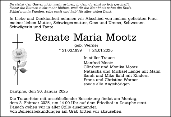 Traueranzeige von Renate Maria Mootz von Hinterländer Anzeiger