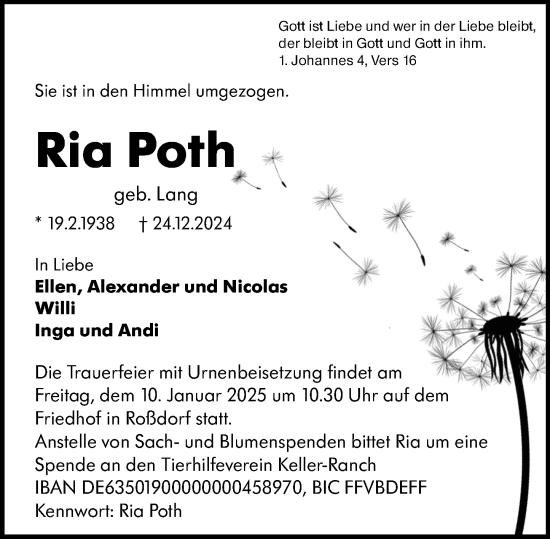 Traueranzeige von Ria Poth von Darmstädter Echo