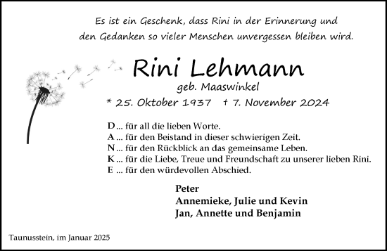 Traueranzeige von Rini Lehmann von Idsteiner Land/Untertaunus