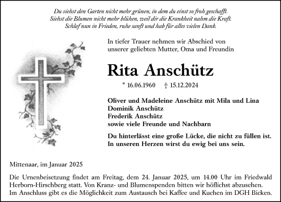 Traueranzeige von Rita Anschütz von Dill Block