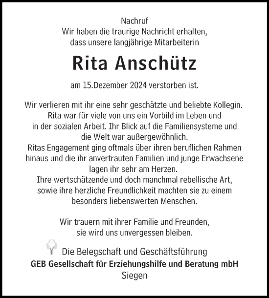 Traueranzeige von Rita Anschütz von Dill Block