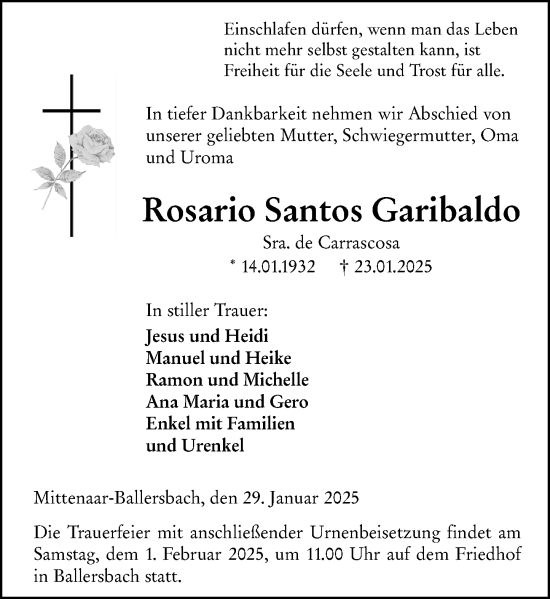 Traueranzeige von Rosario Santos Garibaldo von Dill Block