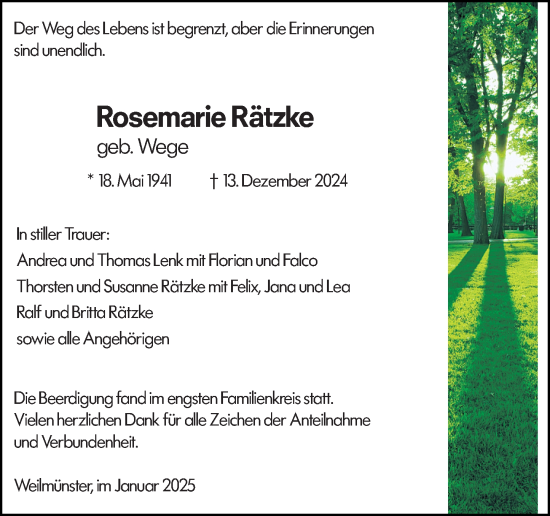 Traueranzeige von Rosemarie Rätzke von Weilburger Tageblatt