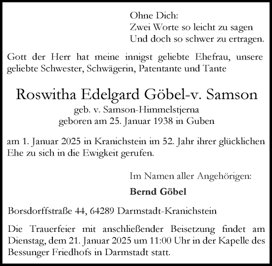 Traueranzeige von Roswitha Edelgard Göbel-v. Samson von Darmstädter Echo