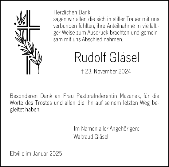 Traueranzeige von Rudolf Gläsel von Rheingau Kurier