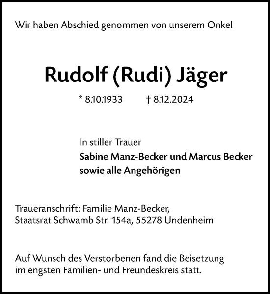 Traueranzeige von Rudolf Jäger von Allgemeine Zeitung Mainz