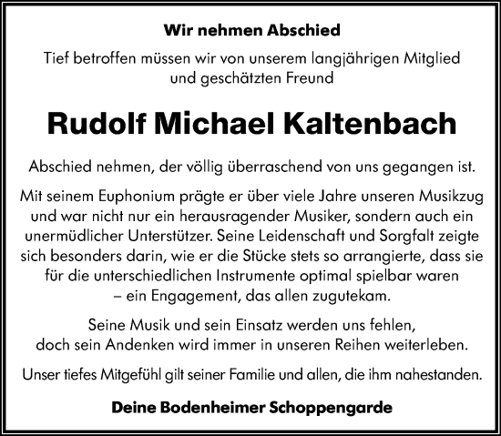 Traueranzeige von Rudolf Michael Kaltenbach von Allgemeine Zeitung Mainz