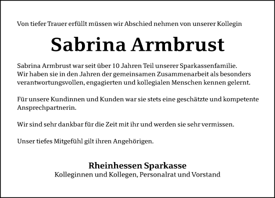 Traueranzeige von Sabrina Armbrust von Allgemeine Zeitung Alzey