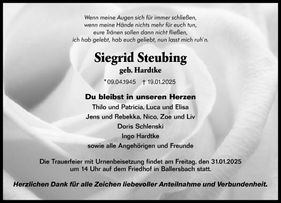 Traueranzeige von Siegrid Steubing von Dill Block