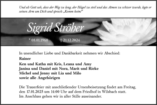 Traueranzeige von Sigrid Ströher von Wetzlarer Neue Zeitung