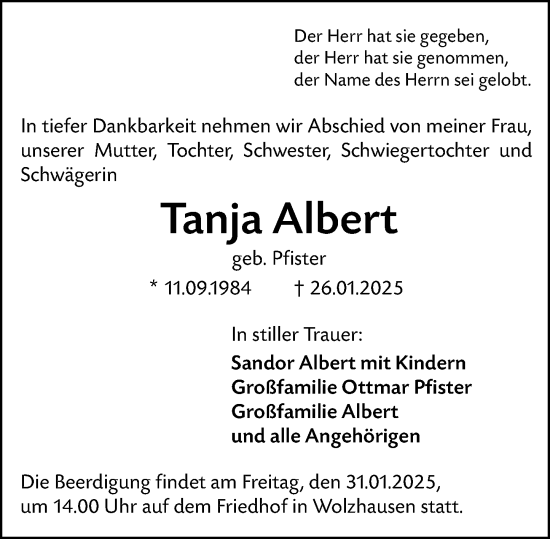 Traueranzeige von Tanja Albert von Hinterländer Anzeiger