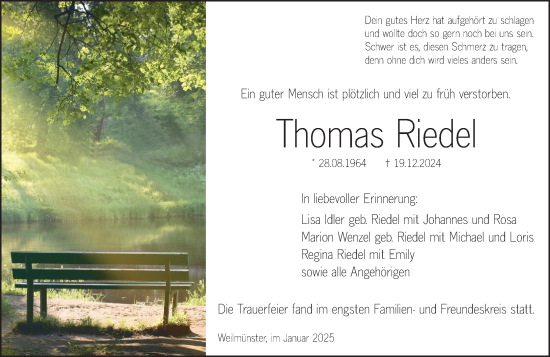 Traueranzeige von Thomas Riedel von Weilburger Tageblatt