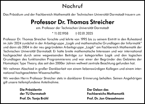 Traueranzeige von Thomas Streicher von Darmstädter Echo