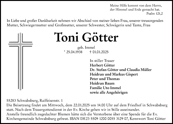 Traueranzeige von Toni Götter von Allgemeine Zeitung Mainz