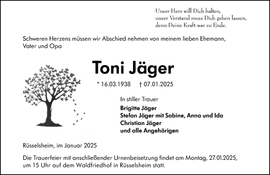 Traueranzeige von Toni Jäger von Rüsselsheimer Echo
