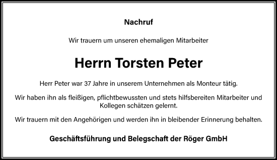 Traueranzeige von Torsten Peter von Dill Block