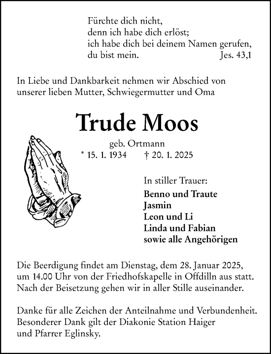 Traueranzeige von Trude Moos von Dill Block