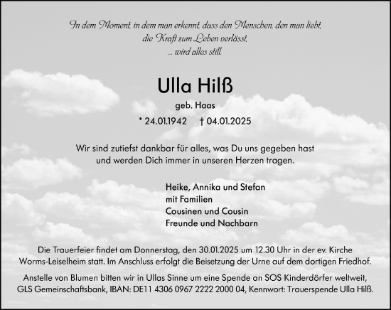 Traueranzeige von Ulla Hilß von Wormser Zeitung