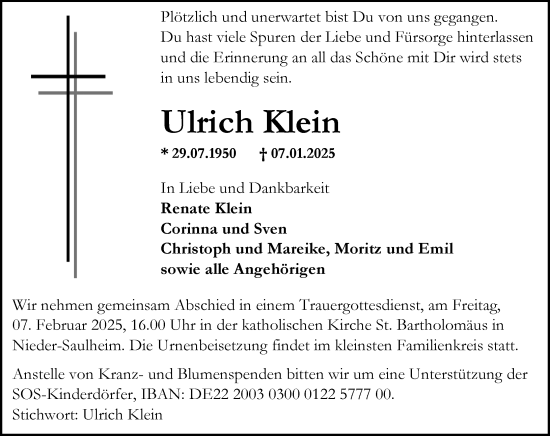 Traueranzeige von Ulrich Klein von Allgemeine Zeitung Alzey