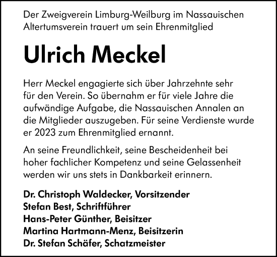Traueranzeige von Ulrich Meckel von Nassauische Neue Presse