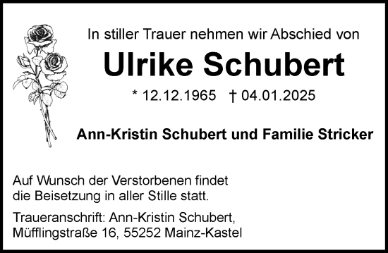 Traueranzeige von Ulrike Schubert von Wiesbadener Kurier