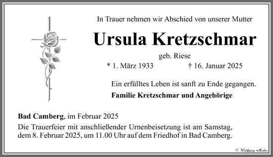Traueranzeige von Ursula Kretzschmar von Camberger Anzeiger