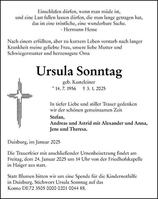Traueranzeige von Ursula Sonntag von Dill Block