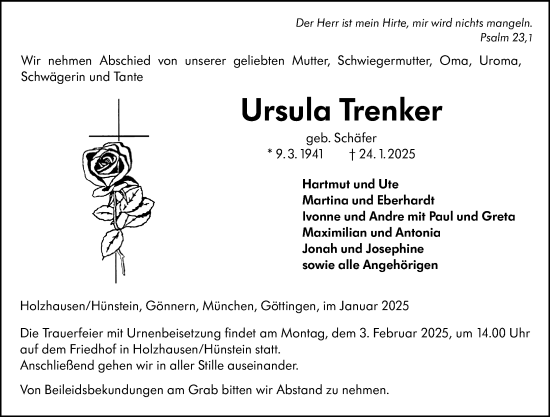 Traueranzeige von Ursula Trenker von Hinterländer Anzeiger