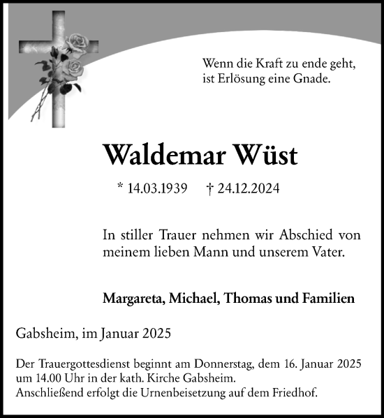 Traueranzeige von Waldemar Wüst von Allgemeine Zeitung Alzey