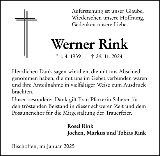 Traueranzeige von Werner Rink von Hinterländer Anzeiger
