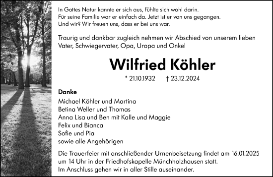 Traueranzeige von Wilfried Köhler von Wetzlarer Neue Zeitung