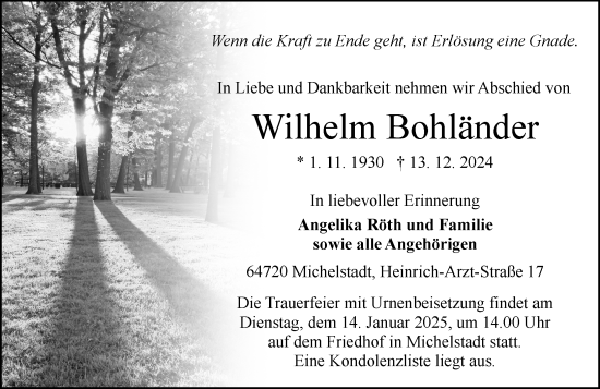 Traueranzeige von Wilhelm Bohländer von Odenwälder Echo