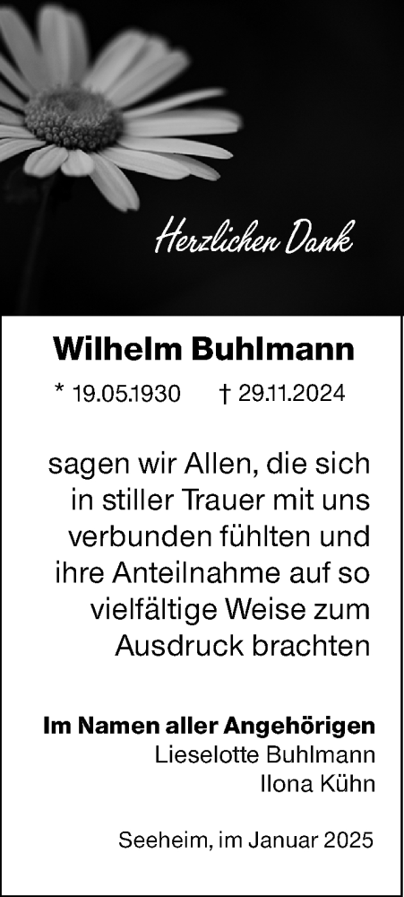Traueranzeige von Wilhelm Buhlmann von Darmstädter Echo