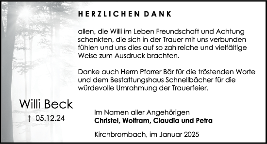Traueranzeige von Willi Beck von Odenwälder Echo