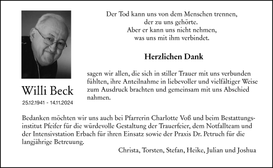 Traueranzeige von Willi Beck von Odenwälder Echo