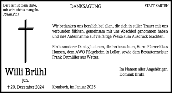 Traueranzeige von Willi Brühl von Hinterländer Anzeiger