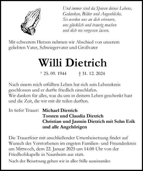 Traueranzeige von Willi Dietrich von Wetzlarer Neue Zeitung