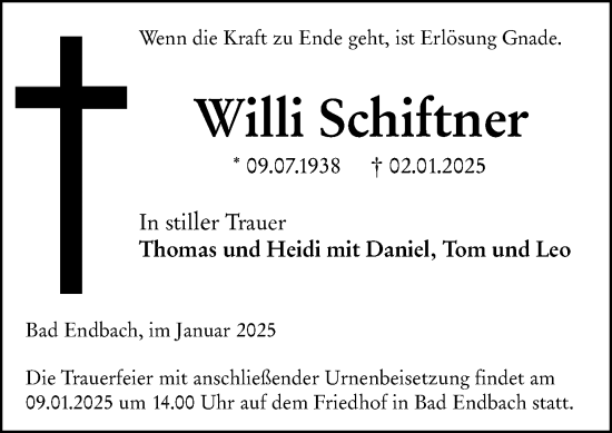 Traueranzeige von Willi Schiftner von Hinterländer Anzeiger