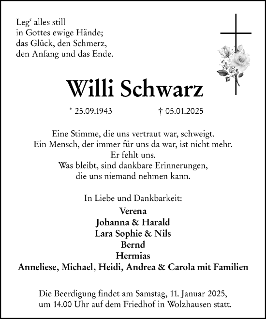 Traueranzeige von Willi Schwarz von Hinterländer Anzeiger