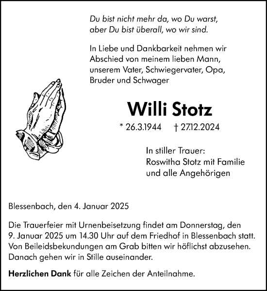 Traueranzeige von Willi Stotz von Weilburger Tageblatt