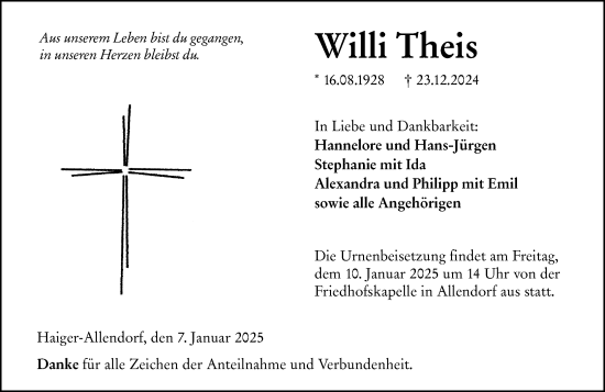 Traueranzeige von Willi Theis von Dill Block