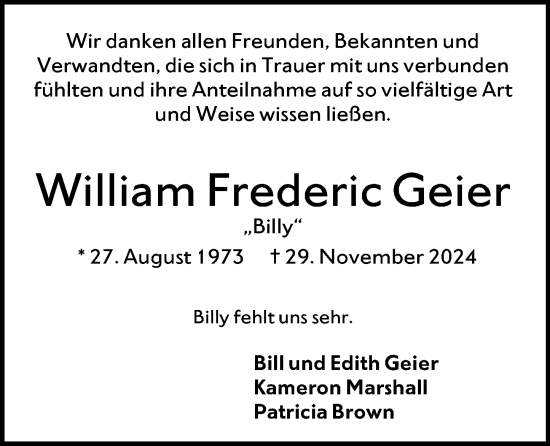 Traueranzeige von William Frederic Geier von Hochheimer Zeitung