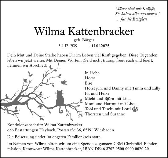 Traueranzeige von Wilma Kattenbracker von Wiesbadener Kurier