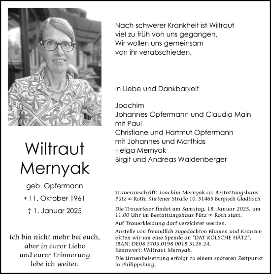 Traueranzeige von Wiltraut Mernyak von Darmstädter Echo
