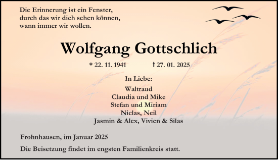 Traueranzeige von Wolfgang Gottschlich von Dill Block
